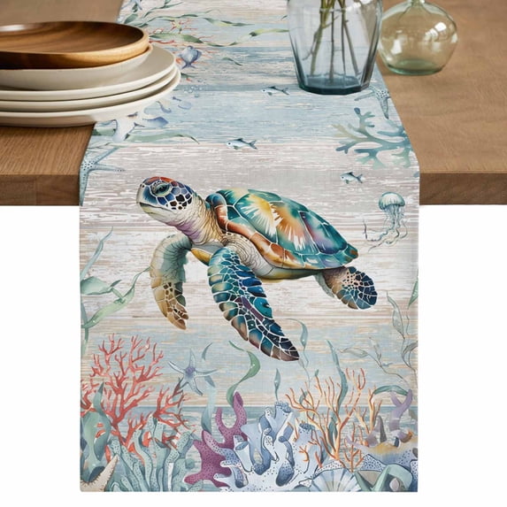 Table Runner 60 Inches Long for Kitchen Dining, Coastal Turtle Dresser Scarf Farmhouse, Dining Table Decorations for Wedding/Parties, Nautical Beach Sea Ocean Coral Vintage 13 x 60 In