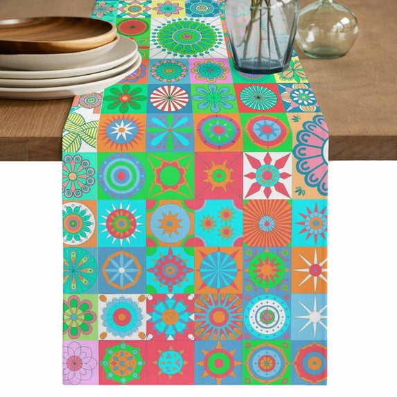 Table Runner 60 Inches Long for Kitchen Dining, Colorful Ethnic Dresser Scarf Farmhouse, Dining Table Decorations for Wedding/Parties, Modern Abstract National Geometric Teal 13 x 60 In