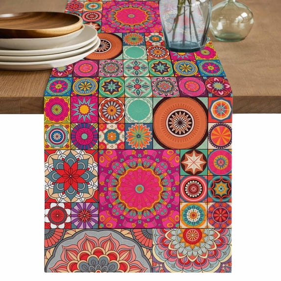 Table Runner 60 Inches Long for Kitchen Dining, Colorful Ethnic Dresser Scarf Farmhouse, Dining Table Decorations for Wedding/Parties, Modern Abstract National Geometric Red 13 x 60 In