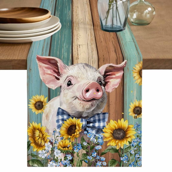 Table Runner 60 Inches Long for Kitchen Dining, Cute Pig Dresser Scarf Farmhouse, Dining Table Decorations for Wedding/Parties, Yellow Sunflowers Teal Brown Wooden Vintage Art 13 x 60 In