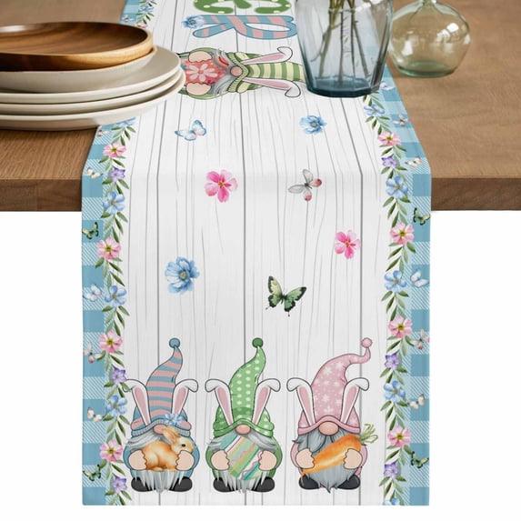 Table Runner 60 Inches Long for Kitchen Dining, Easter Dresser Scarf Farmhouse, Dining Table Decorations for Wedding/Parties, Farmhouse Gnomes Flowers Rabbit Eggs Check Wooden 13 x 60 In