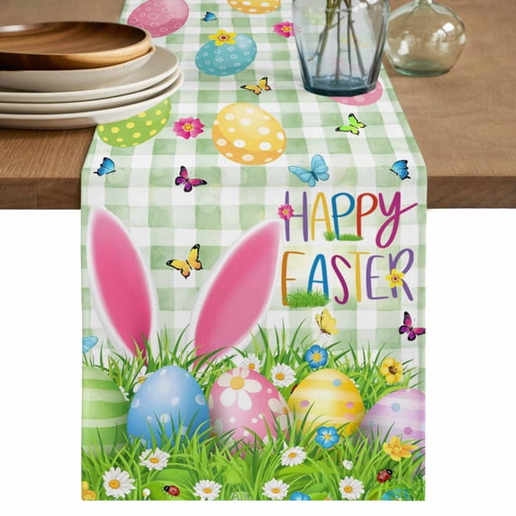 Table Runner 60 Inches Long for Kitchen Dining, Easter Dresser Scarf Farmhouse, Dining Table Decorations for Wedding/Parties, Spring Easter Eggs Bunny Butterflies Green Plaid 13 x 60 In