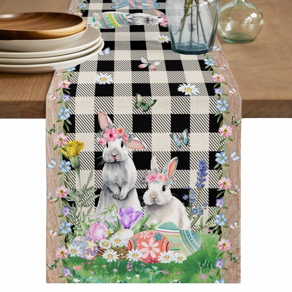 Table Runner 60 Inches Long for Kitchen Dining, Easter Dresser Scarf Farmhouse, Dining Table Decorations for Wedding/Parties, Spring Rabbit Flowers Colorful Eggs Black Lattice 13 x 60 In