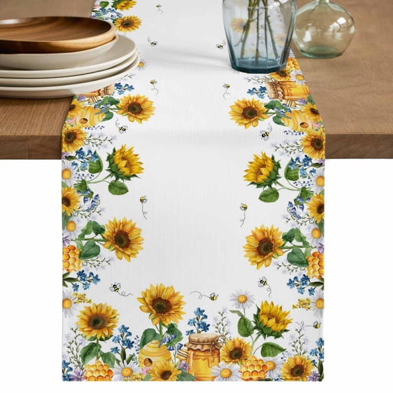 Table Runner 60 Inches Long for Kitchen Dining, Eucalyptus Leaves Dresser Scarf Farmhouse, Dining Table Decorations for Wedding/Parties, Sunflowers Spring Watercolor Country Floral Bee 13 x 60 In