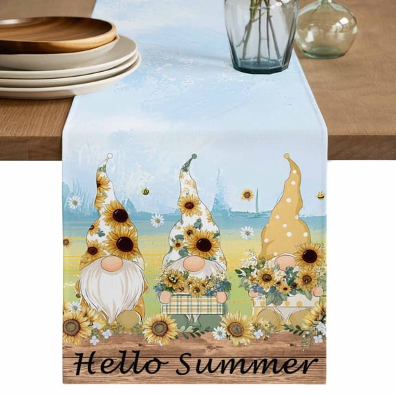 Table Runner 60 Inches Long for Kitchen Dining, Gnomes Sunflower Dresser Scarf Farmhouse, Dining Table Decorations for Wedding/Parties, Elegant Pastoral Summer Botanical Wooden 13 x 60 In
