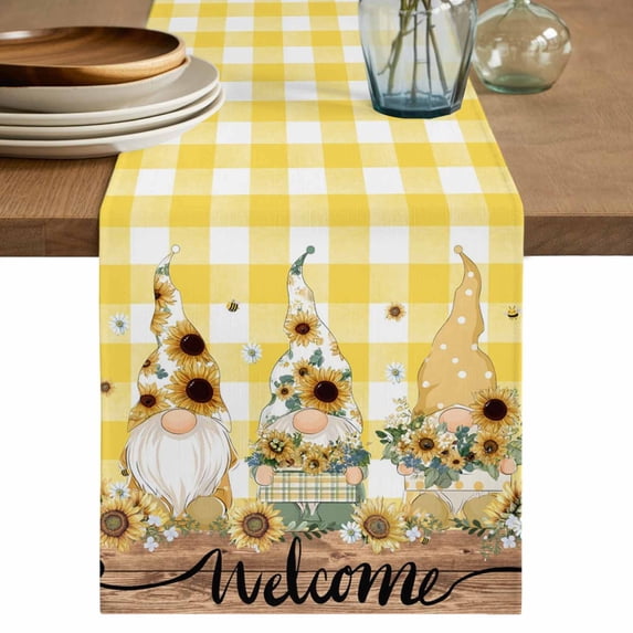 Table Runner 60 Inches Long for Kitchen Dining, Gnomes Sunflower Dresser Scarf Farmhouse, Dining Table Decorations for Wedding/Parties, Yellow Checkered Pastoral Botanical Wooden 13 x 60 In