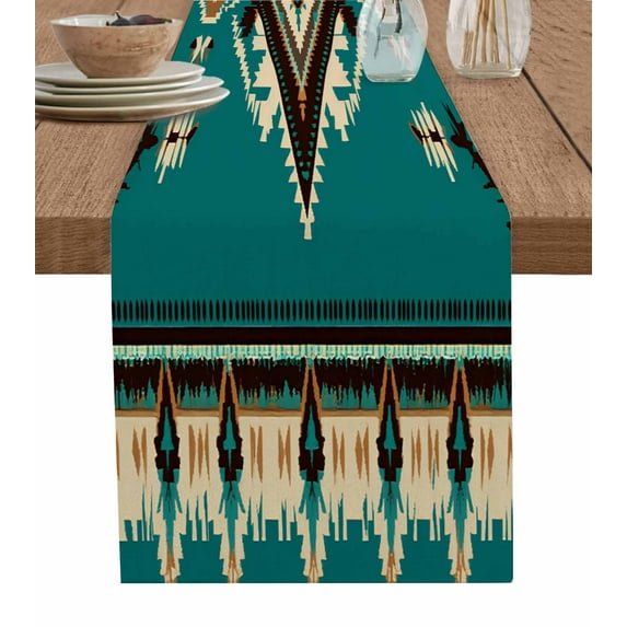 Table Runner 60 Inches Long for Kitchen Dining, Green Southwestern Dresser Scarf Farmhouse, Dining Table Decorations for Wedding/Parties, Vintage Boho Ethnic Geometric 13 x 60 In