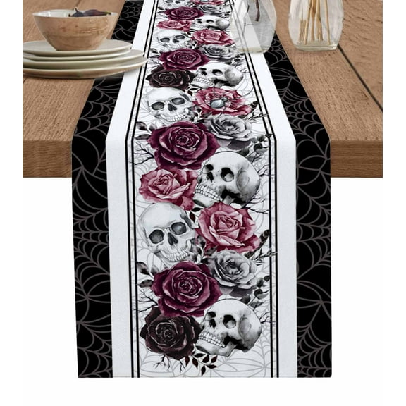 Table Runner 60 Inches Long for Kitchen Dining, Halloween Dresser Scarf Farmhouse, Dining Table Decorations for Wedding/Parties, Black Horror Skull Roses Spi-der Web Vintage 13 x 60 In