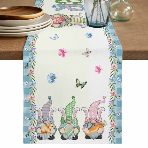 Table Runner 60 Inches Long for Kitchen Dining, Happy Easter Dresser Scarf Farmhouse, Dining Table Decorations for Wedding/Parties, Spring Gnomes Rabbit Eggs Floral Lattice 13 x 60 In