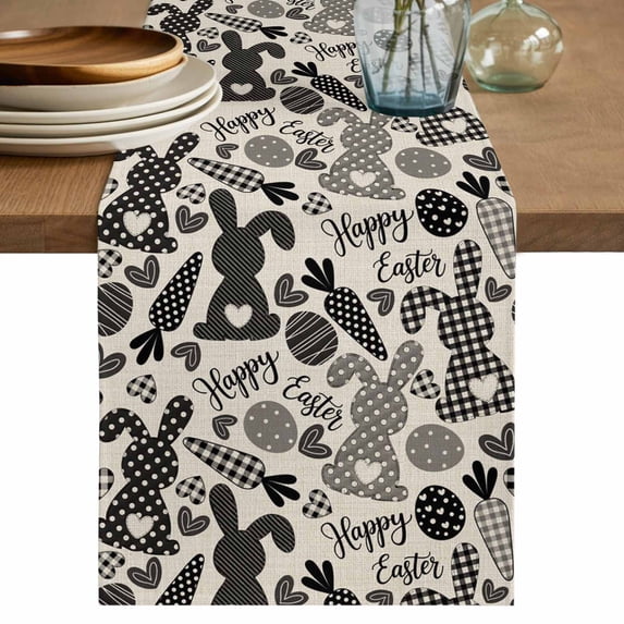 Table Runner 60 Inches Long for Kitchen Dining, Happy Easter Dresser Scarf Farmhouse, Dining Table Decorations for Wedding/Parties, Vintage Rabbits Carrots Eggs Love Beige 13 x 60 In