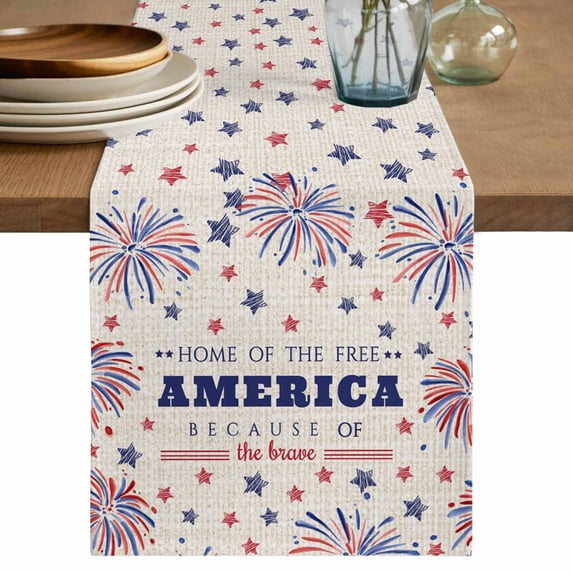 Table Runner 60 Inches Long for Kitchen Dining, Independence Day Dresser Scarf Farmhouse, Dining Table Decorations for Wedding/Parties, Blue Red Star Fireworks American Flag 13 x 60 In