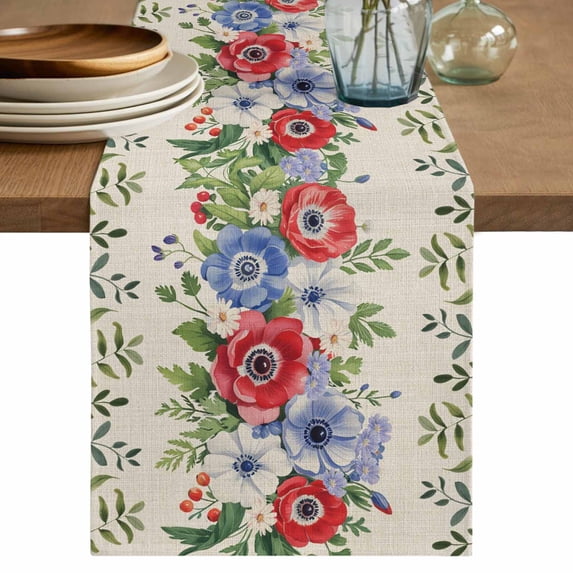 Table Runner 60 Inches Long for Kitchen Dining, Independence Day Dresser Scarf Farmhouse, Dining Table Decorations for Wedding/Parties, Retro Red Blue Flowers Leaves Plants 13 x 60 In