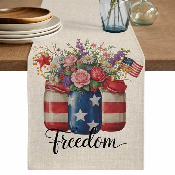 Table Runner 60 Inches Long for Kitchen Dining, Independence Day Dresser Scarf Farmhouse, Dining Table Decorations for Wedding/Parties, Spring Roses Flowers US Flag Rustic Plants 13 x 60 In