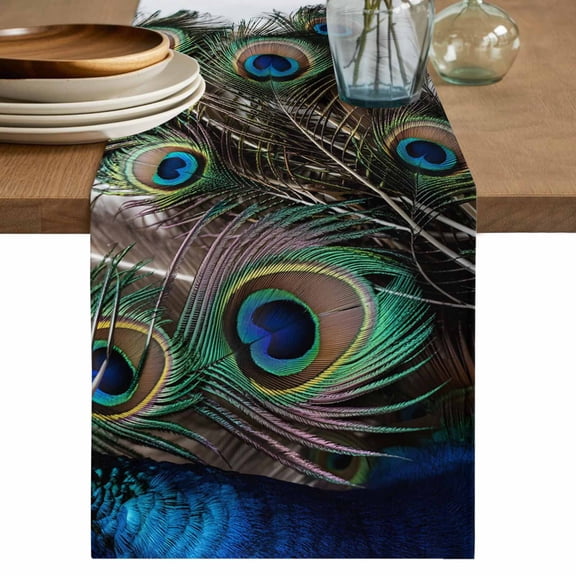 Table Runner 60 Inches Long for Kitchen Dining, Peacock Feather Dresser Scarf Farmhouse, Dining Table Decorations for Wedding/Parties, Teal Blue Bird Feather Modern Art Printed 13 x 60 In