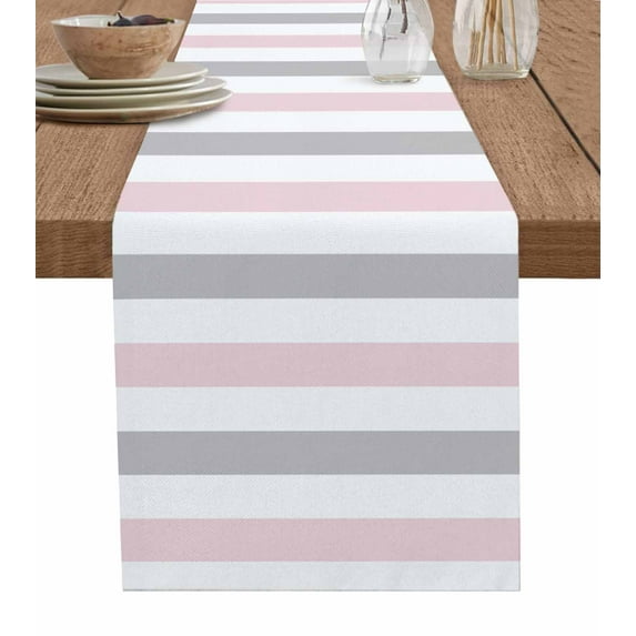 Table Runner 60 Inches Long for Kitchen Dining, Pink Grey Stripe Dresser Scarf Farmhouse, Dining Table Decorations for Wedding/Parties, Modern Farmhouse Vertical Striped 13 x 60 In