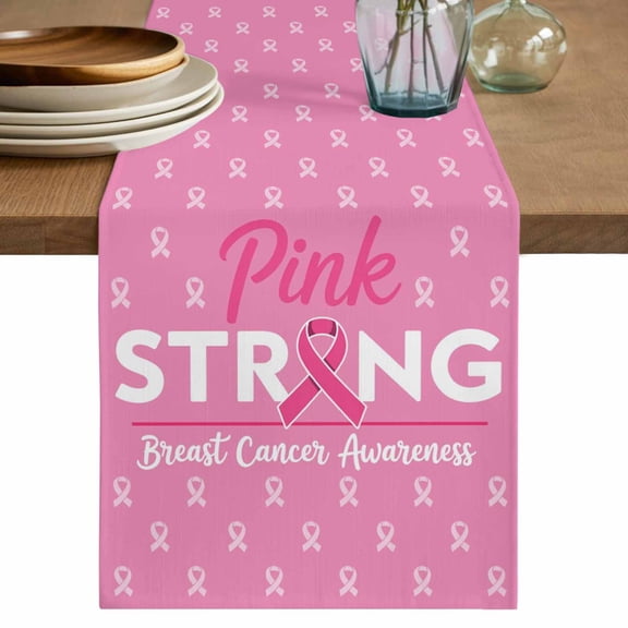 Table Runner 60 Inches Long for Kitchen Dining, Pink Ribbon Dresser Scarf Farmhouse, Dining Table Decorations for Wedding/Parties, Breast Cancer Awareness String Symbol 13 x 60 In