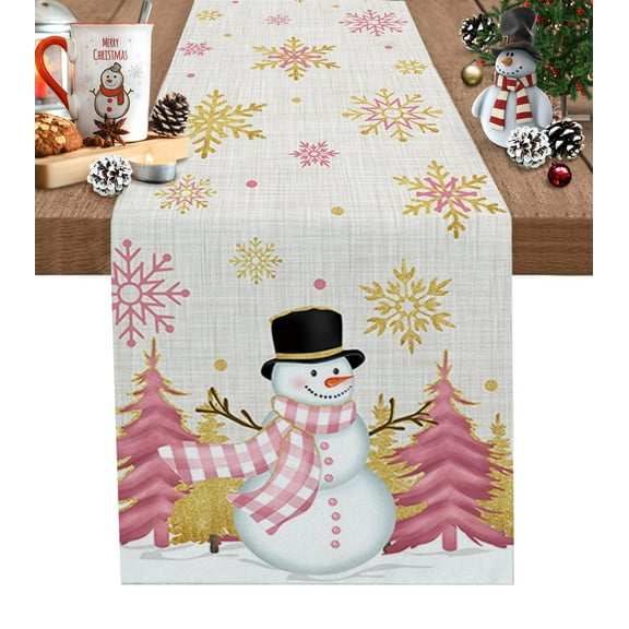 Table Runner 60 Inches Long for Kitchen Dining, Pink Snowman, Dresser Scarf Farmhouse, Dining Table Decorations for Wedding/Parties, Christmas Blush Pine Tree Snowflake 13 x 60 In