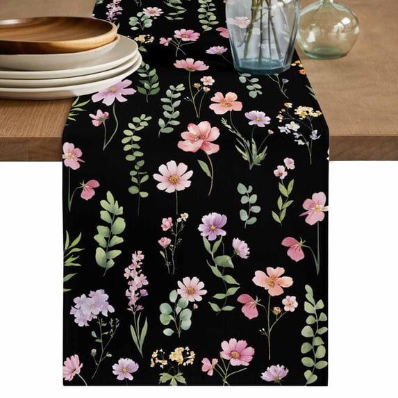 Table Runner 60 Inches Long for Kitchen Dining, Pink Spring Floral Dresser Scarf Farmhouse, Dining Table Decorations for Wedding/Parties, Flowers Botanical Elegant Pastoral Black 13 x 60 In