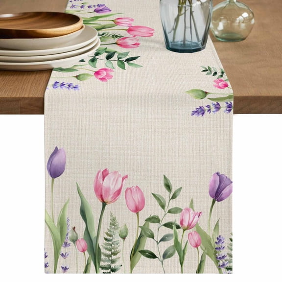 Table Runner 60 Inches Long for Kitchen Dining, Pink Tulips Dresser Scarf Farmhouse, Dining Table Decorations for Wedding/Parties, Spring Floral Green Eucalyptus Leaves Rustic 13 x 60 In