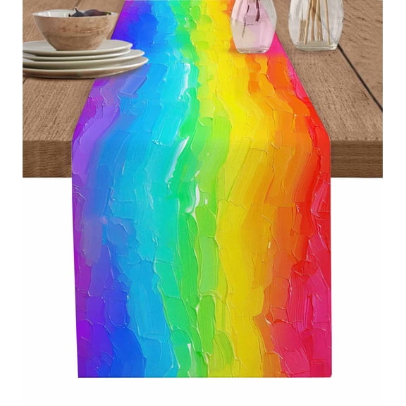 Table Runner 60 Inches Long for Kitchen Dining, Rainbow Oil Painting Dresser Scarf Farmhouse, Dining Table Decorations for Wedding/Parties, Watercolor Colorful Abstract Art 13 x 60 In