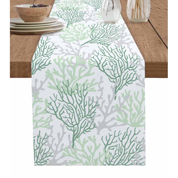 Table Runner 60 Inches Long for Kitchen Dining, Sage Green Coral Coastal Dresser Scarf Farmhouse, Dining Table Decorations for Wedding/Parties, Summer Beach Seaside Nautical 13 x 60 In