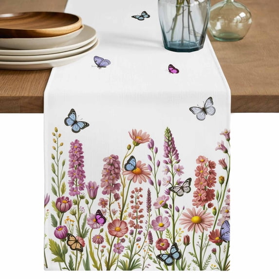 Table Runner 60 Inches Long for Kitchen Dining, Spring Floral Dresser Scarf Farmhouse, Dining Table Decorations for Wedding/Parties, Watercolor Lavender Daisy Butterflies Botanical 13 x 60 In