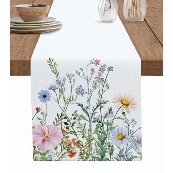 Table Runner 60 Inches Long for Kitchen Dining, Spring Floral Dresser Scarf Farmhouse, Dining Table Decorations for Wedding/Parties, Wildflowers Herbs Summer Botanical 13 x 60 In