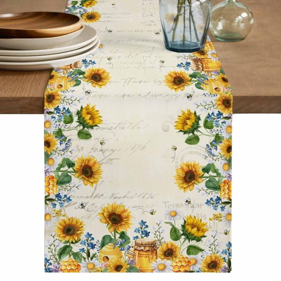 Table Runner 60 Inches Long for Kitchen Dining, Sunflowers Dresser Scarf Farmhouse, Dining Table Decorations for Wedding/Parties, Floral Green Leaves Bees Watercolor 13 x 60 In