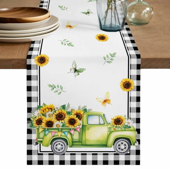 Table Runner 60 Inches Long for Kitchen Dining, Sunflowers Dresser Scarf Farmhouse, Dining Table Decorations for Wedding/Parties, Spring Farmhouse Country Truck Floral Black Plaid 13 x 60 In