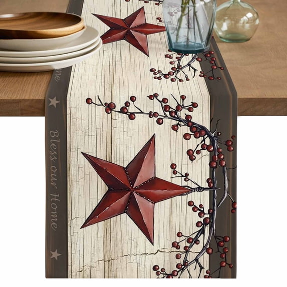 Table Runner 60 Inches Long for Kitchen Dining, Texas Star Red Dresser Scarf Farmhouse, Dining Table Decorations for Wedding/Parties, Farmhouse Berry Wooden Vintage 13 x 60 In