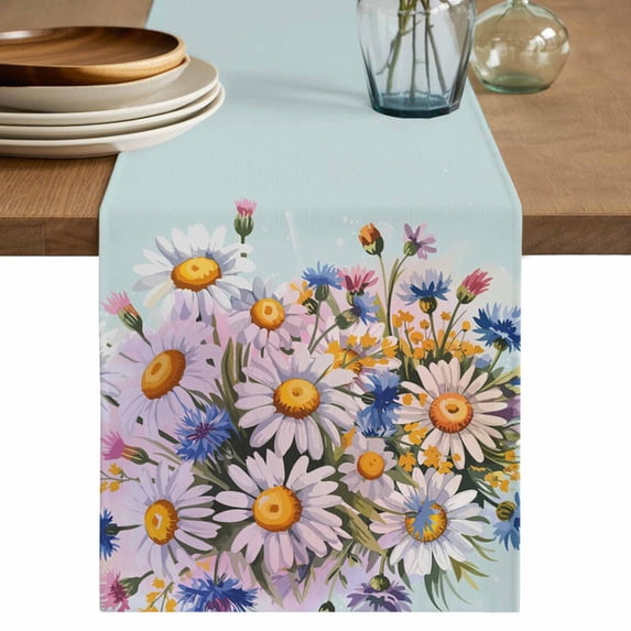 Table Runner 60 Inches Long for Kitchen Dining, Watercolor Daisy Dresser Scarf Farmhouse, Dining Table Decorations for Wedding/Parties, Rustic Spring Botanical Flowers Floral 13 x 60 In