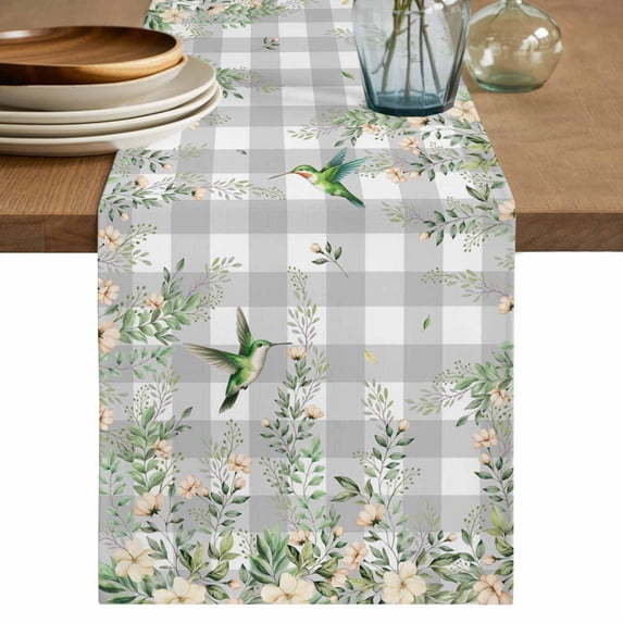 Table Runner 60 Inches Long for Kitchen Dining, Watercolor Floral Dresser Scarf Farmhouse, Dining Table Decorations for Wedding/Parties, Spring Flowers Birds Plants Gray Plaid 13 x 60 In