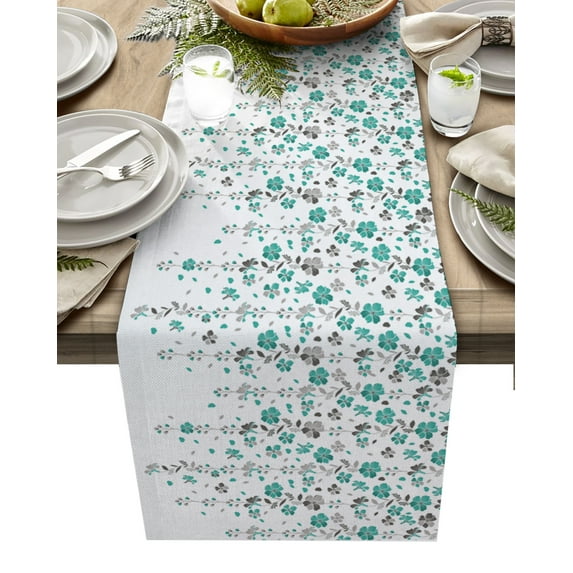 Table Runner 60 Inches Long for Kitchen Dining, Weeping Flowers Dresser Scarf Farmhouse, Dining Table Decorations for Wedding/Parties, Teal Grey Summer Spring Floral Botanical Art 13 x 60 In