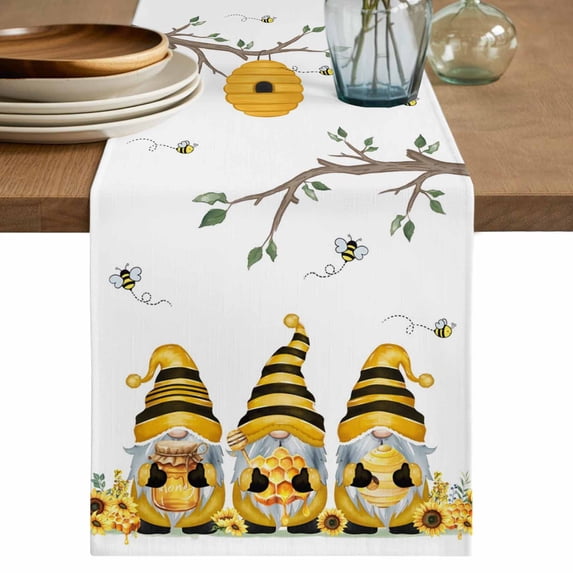 Table Runner 60 Inches Long for Kitchen Dining, Yellow Bees Gnomes Dresser Scarf Farmhouse, Dining Table Decorations for Wedding/Parties, Spring Floral Branches Modern Art 13 x 60 In