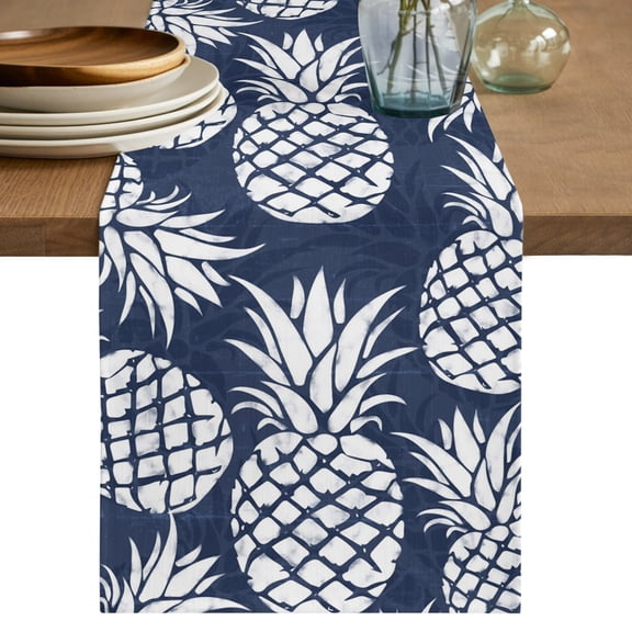 Table Runner 60 Inches Long, Navy Blue White Pineapple Decorative Table Runner for Party Wedding Home Decor, Tropical Summer Botanical Fruits Dresser Scarves for Kitchen Tables Decor 13x60 Inch