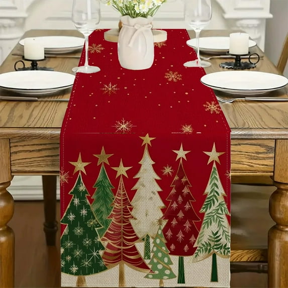 Table Runner 70.87×11.81In Long - Winter Green Pine Tree Kitchen Dining Table Decoration, Christmas Gold Snowflake on Red Washable Linen Dresser Scarf for Holiday/Party/Wedding/Home