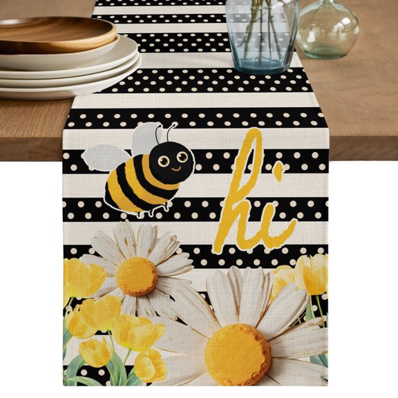 Table Runner 70 Inch Long - Abstract Spring Daisy Tulips Bee Decorative Table Scarf, White Black Striped Dining Table Runners for Wedding Party Kitchen Dining Tables