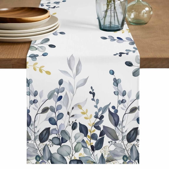 Table Runner - 70 Inch Long, Blue Grey Eucalyptus Kitchen Dining Table Runner Dresser Scarves, Watercolor Spring Weeping Botanical Farmhouse Decor for Coffee Tables Wedding Party Banquet