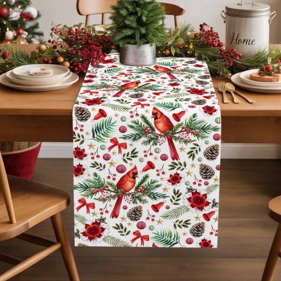 Table Runner 90 Inch Long - Christmas Cardinals Bird Pine BerriesDecorative Table Scarf,Red White GreenDining Table Runners for Wedding Party Kitchen Dining Tables