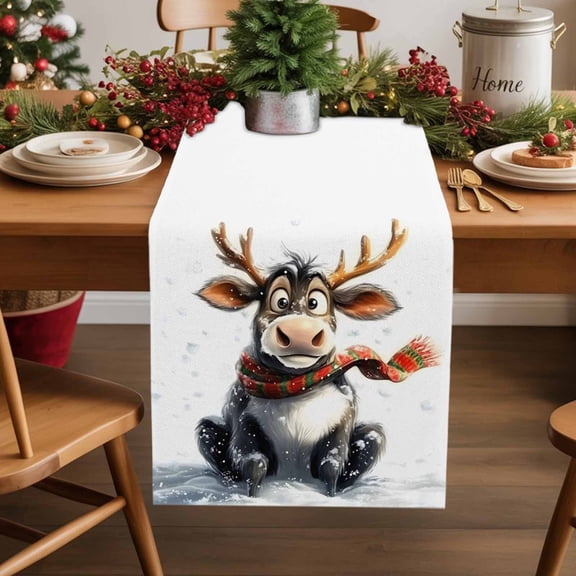 Table Runner 90 Inch Long - Christmas Cartoon Reindeer Shivering on SnowDecorative Table Scarf,WinterDining Table Runners for Wedding Party Kitchen Dining Tables