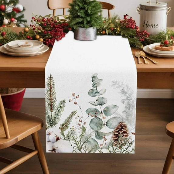 Table Runner 90 Inch Long - Christmas Eucalyptus Green LeavesDecorative Table Scarf,Watercolor Botanical WhiteDining Table Runners for Wedding Party Kitchen Dining Tables