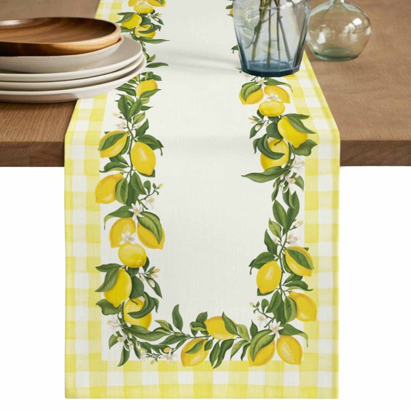 Table Runner 70 Inch Long - Farm Summer Lemon Decorative Table Scarf, Yellow Check Border Dining Table Runners for Wedding Party Kitchen Dining Tables