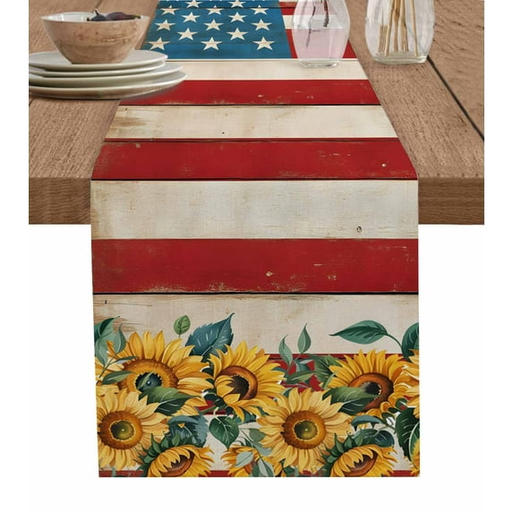 Table Runner 70 Inch Long - Farmhouse Sunflower on Wood USA FlagDecorative Table Scarf,4th of July ThemeDining Table Runners for Wedding Party Kitchen Dining Tables