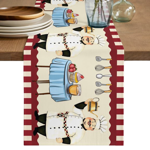 Table Runner 70 Inch Long - Fun Chef Cutlery Gourmet Decorative Table Scarf, Red Stripe Dining Table Runners for Wedding Party Kitchen Dining Tables