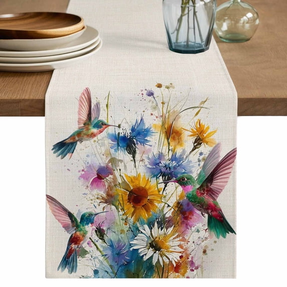 Table Runner - 70 Inch Long, Hummingbird Kitchen Dining Table Runner Dresser Scarves, Spring Vintage Oil Painting Sunflowers Beige Farmhouse Decor for Coffee Tables Wedding Party Banquet