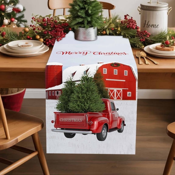 Table Runner 90 Inch Long - Merry Christmas TreeDecorative Table Scarf,Red Truck HouseDining Table Runners for Wedding Party Kitchen Dining Tables
