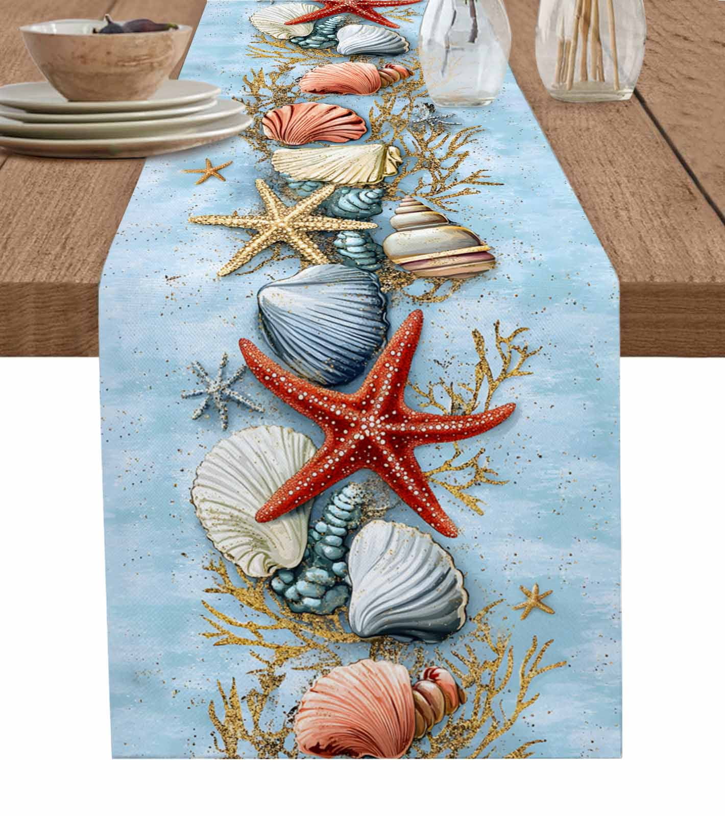 Table Runner 70 Inch Long - Ocean Starfish Shell ConchDecorative Table ...