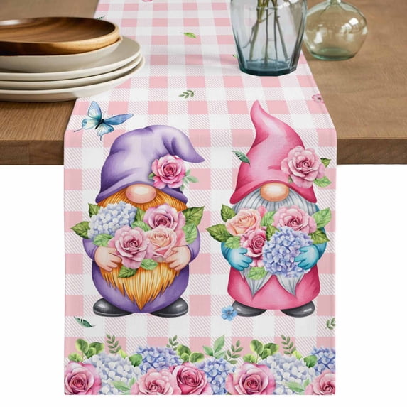 Table Runner - 70 Inch Long, Spring Gnomes Kitchen Dining Table Runner Dresser Scarves, Botanical Flowers Leaf Pink Buffalo Check Farmhouse Decor for Coffee Tables Wedding Party Banquet