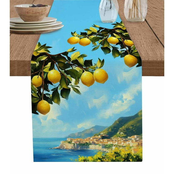 Table Runner 70 Inch Long - Summer Lemon Island HouseDecorative Table Scarf,Beach Green Leaves WatercolorDining Table Runners for Wedding Party Kitchen Dining Tables
