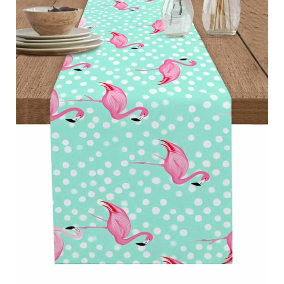 Table Runner 70 Inch Long - Summer Pink FlamingoDecorative Table Scarf,White Polka Dots on GreenDining Table Runners for Wedding Party Kitchen Dining Tables